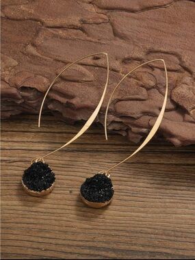 Gold Drop Earrings with Black Druzy Stones - Women Jewelry